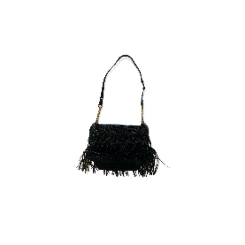 Zara Black Leather Boho Woven Macrame Fringe Crossbody Hobo Purse